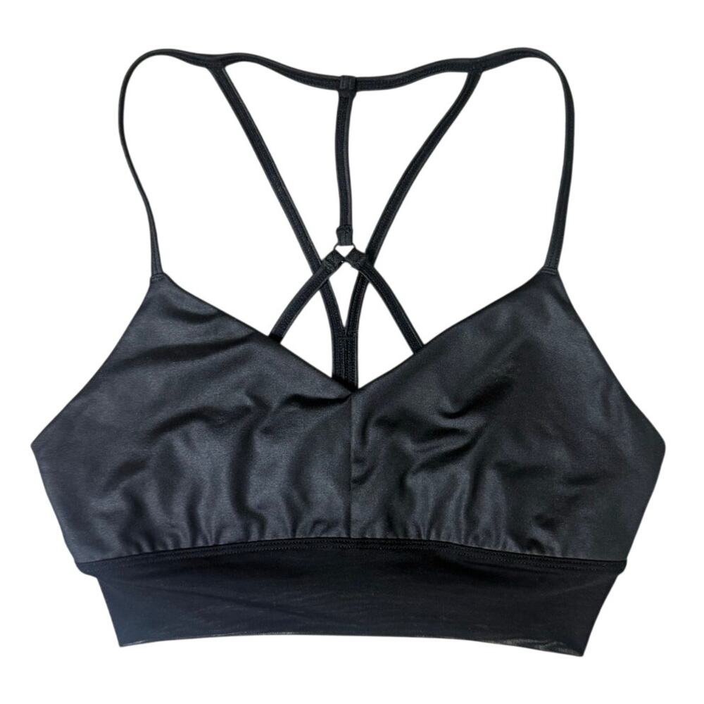 Alo Yoga Lavish Sports Bra Glossy Black Mesh Strappy Bralette Womens Size Small